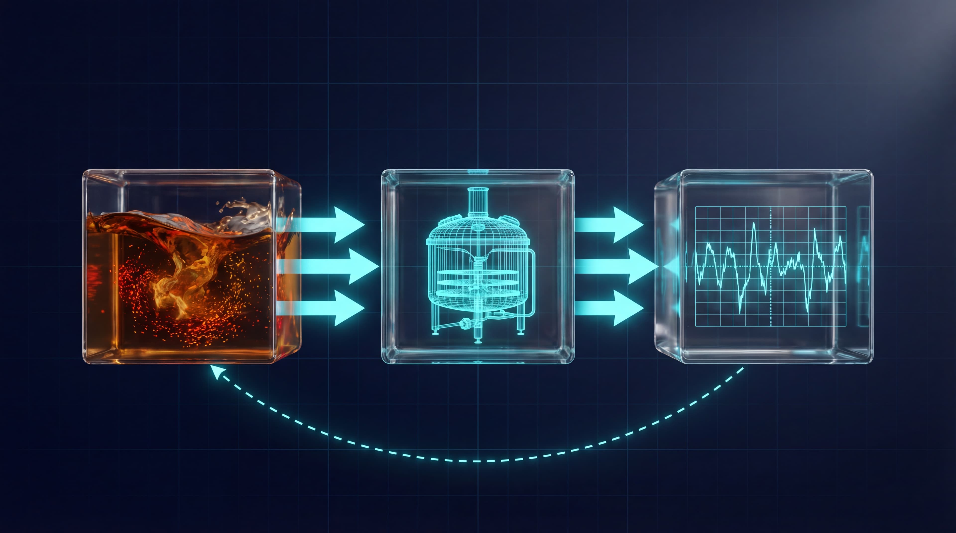 Three glass cubes representing Sense, Simulate, and Actuate connected by cyan arrows in a closed feedback loop